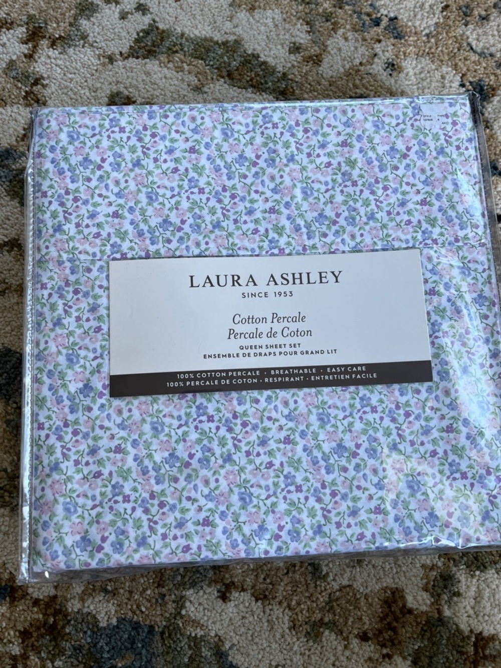 Laura Ashley Floral Cotton Percale Queen Sheet Set - Lavender, Green & White